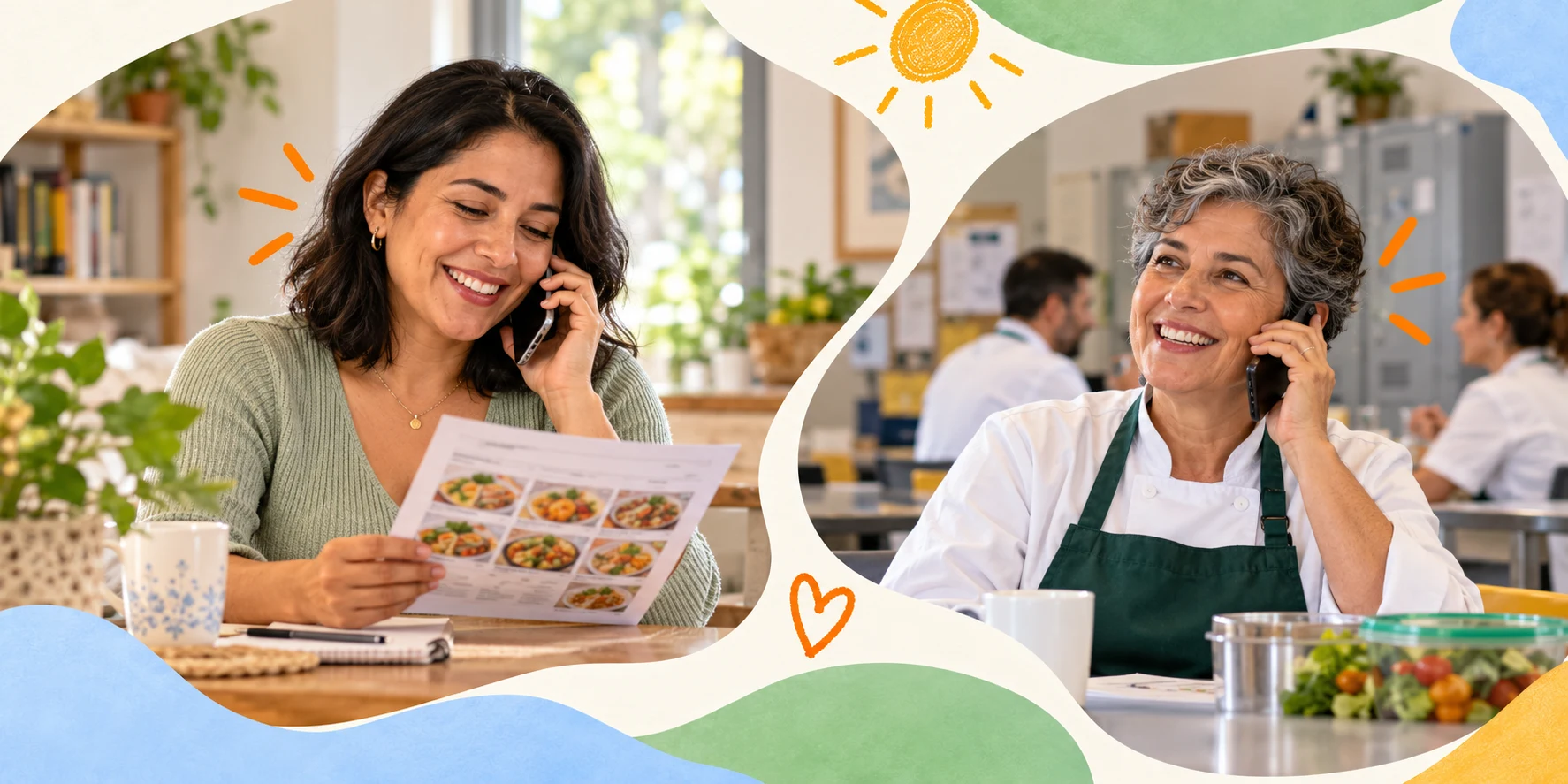Una clienta y una trabajadora de catering consultan por teléfono
